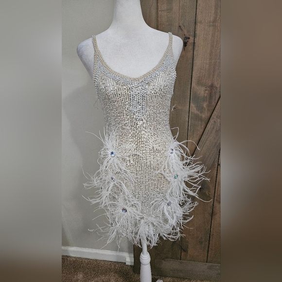 BELLA BARNETT Sequin/beaded Feather Fringe Mini Dress. Silver. Size XS NWT - Picture 11 of 16